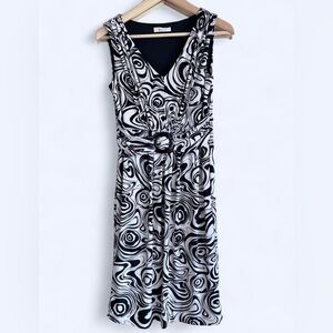 Précis Black White Swirl Print Midi Dress Maximalist V-Neck Retro Y2K Size 8